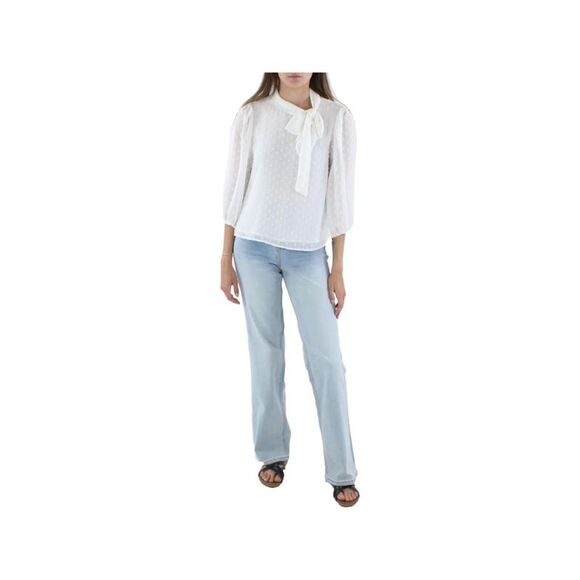 RILEY&RAE Tops - RILEY&RAE Womens White Sheer Keyhole Back Lined Pouf Sleeve Tie Neck Blouse XL